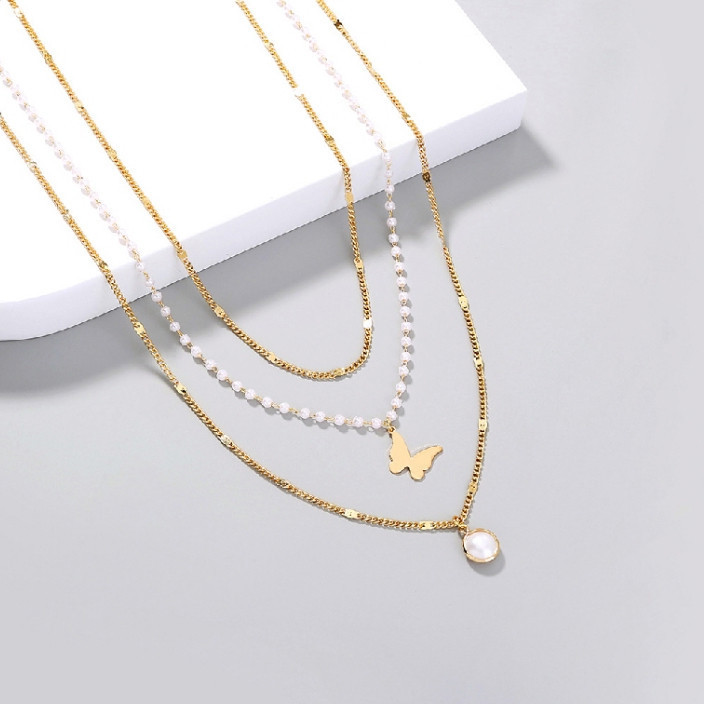 Kalung Wanita Fashion Elegan Berlapis Emas dengan Liontin Kupu-Kupu Mutiara Tiruan, Kalung Beaded Mu