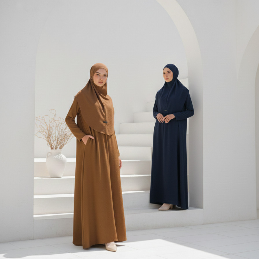 Gamis Jumbo Syari Set Hijab / Busana Muslimah Polos Syar'i Terbaru / Gamis Wanita Lebaran Putih