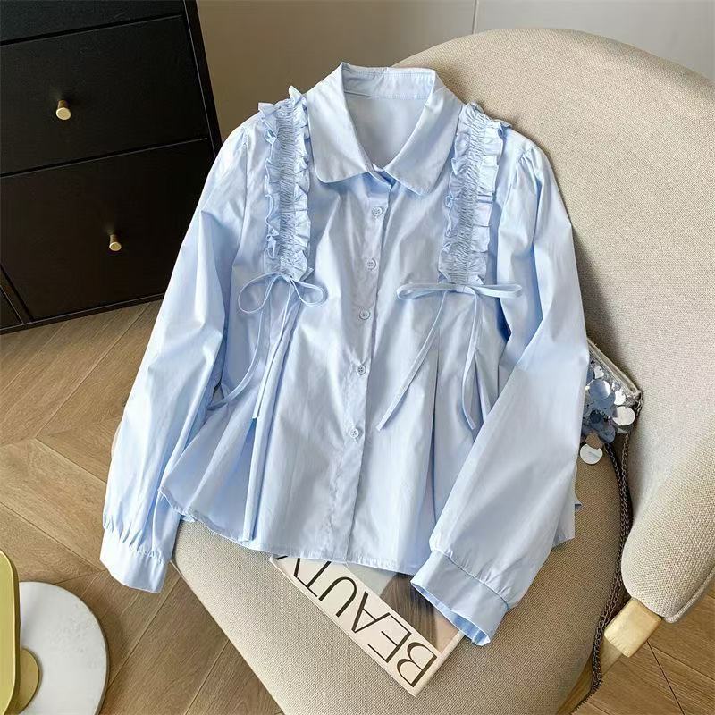Korean Style Women Ladies Loose Ruffle Long Sleeve Shirt Blouse Baju Baju Wanita