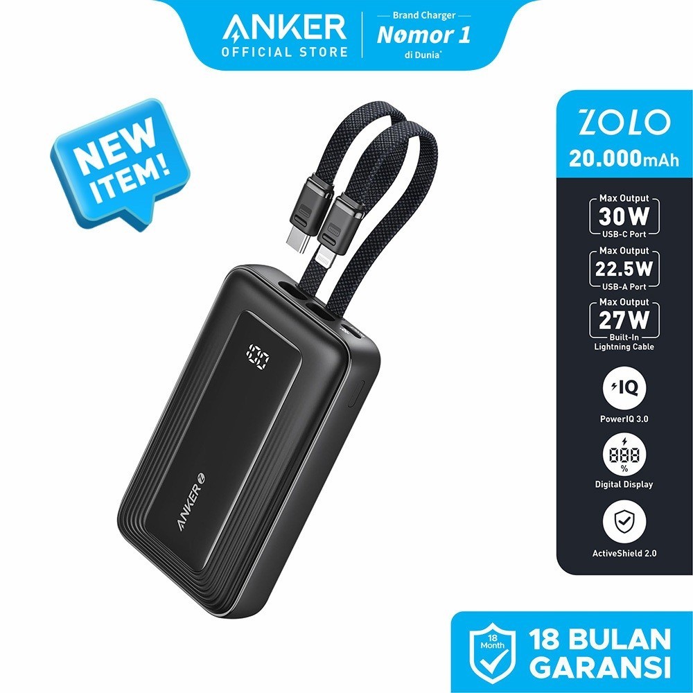 Anker Zolo Power Bank 20.000mAh 30W Max Fast Portable Charger with Built-in USB-C and MFi Certified 