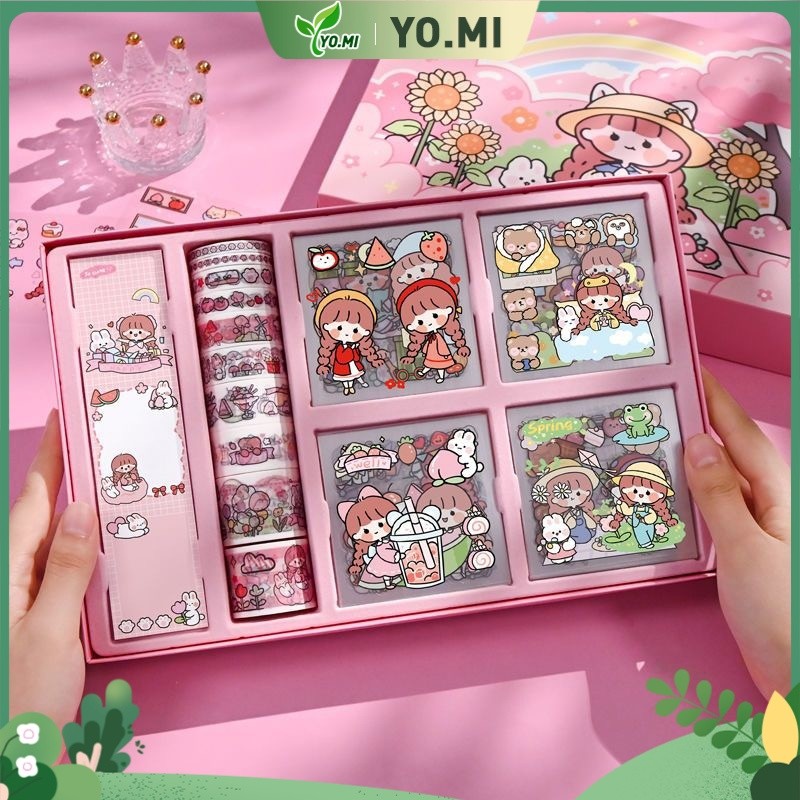 Paket Stiker Buku Catatan & Lakban Lucu untuk Gadis Anak, Karakter Kartun Lucu untuk Hiasan DIY