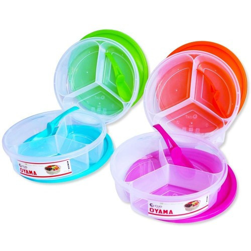 Kotak makan plastik - Lunch Box OYAMA Bulat 3 Sekat + Sendok  MURAH
