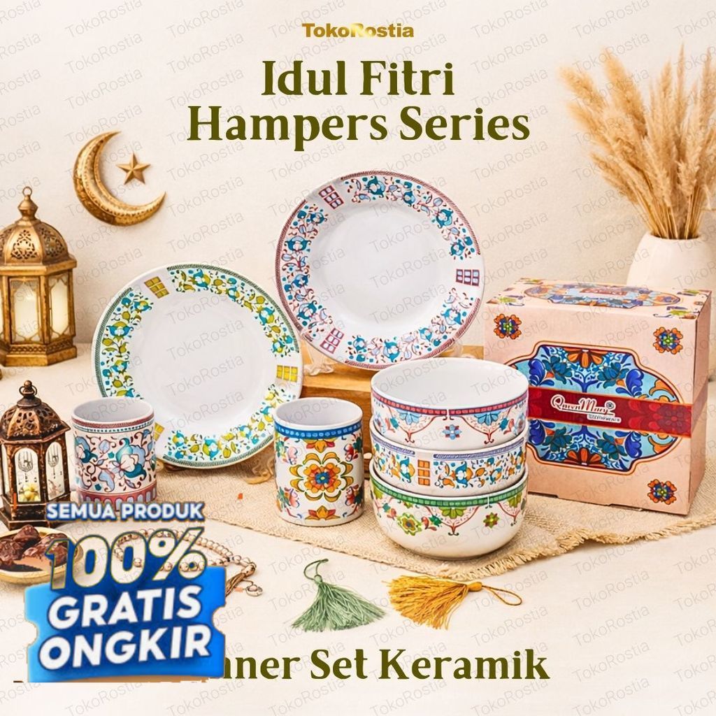 Idul Fitri Hampers Souvenir Dinner Set Mug Mangkok Piring Keramik/ Hitam Kuning Oren Hijau Ungu