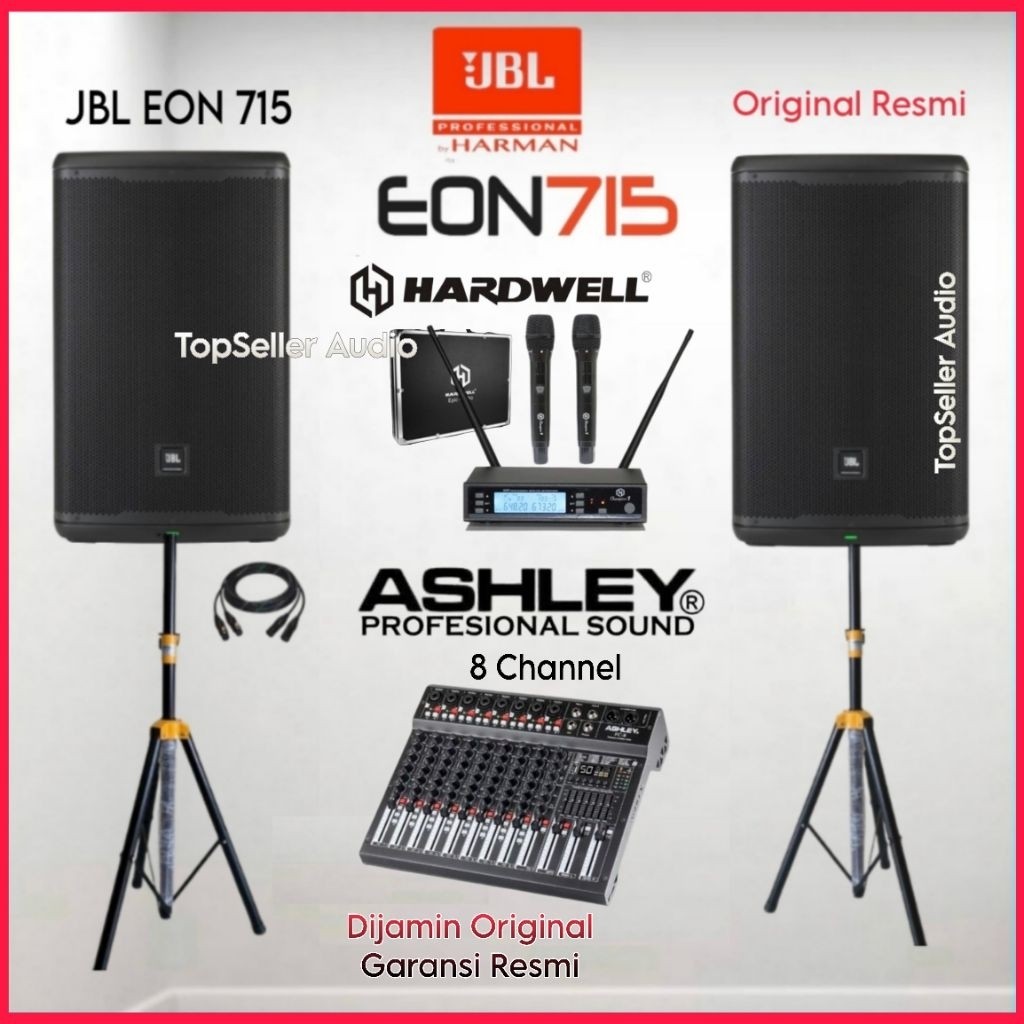 Paket Sound System Speaker Aktif JBL EON 715 Original Mixer Ashley 8 Channel Usb Rekam Bluetooth Mic