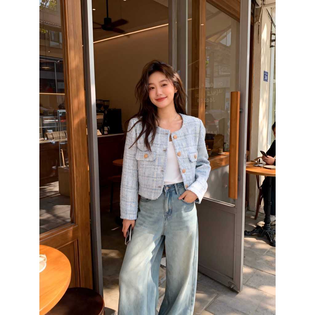 biru jaket outer aesthetic wanita korean style  kekinian jaket crop musim dingin jumbo casual cool j