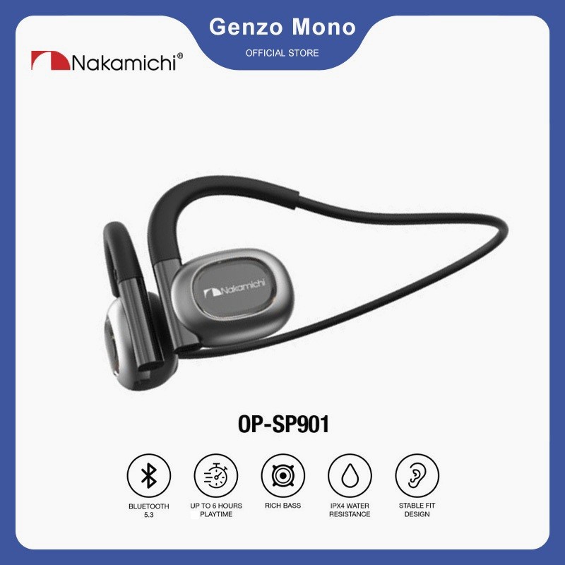 Nakamichi OP-SP901 Earphone Open Ear Konduksi Udara Bluetooth TWS HD – Suara Jernih, Desain Ringan, 