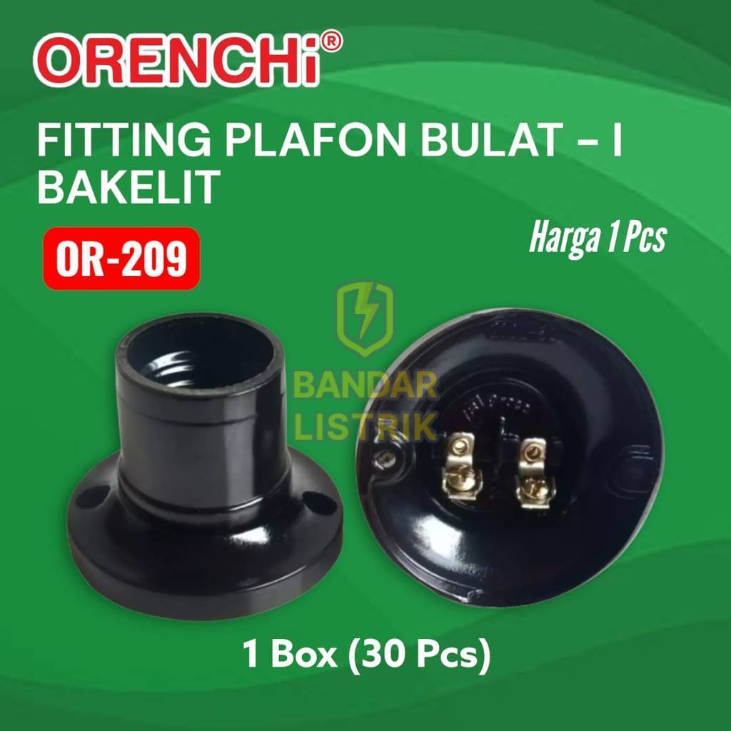 ORENCHI Fitting Lampu Plafon Klasik OR-209 Model Bulat Bakelit Terminal Kuningan E27 SNI Hitam
