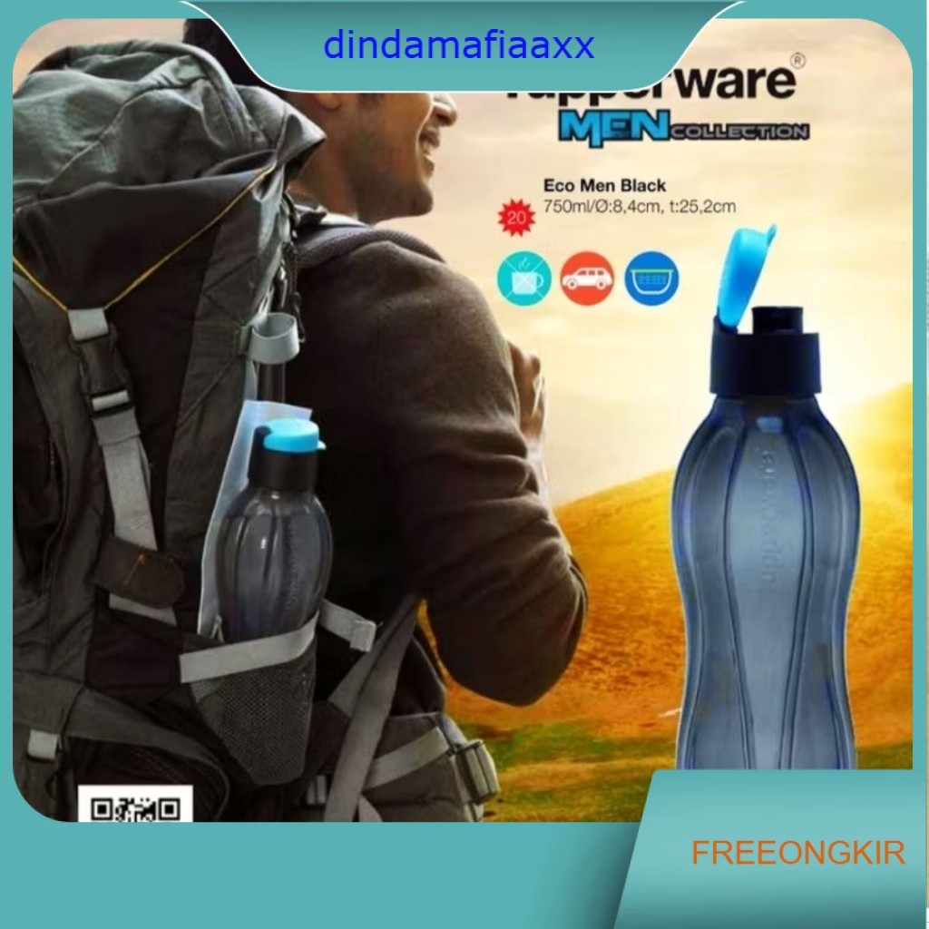 Tupperware eco men black 750ml tutup flip ecer 1pcs botol minum