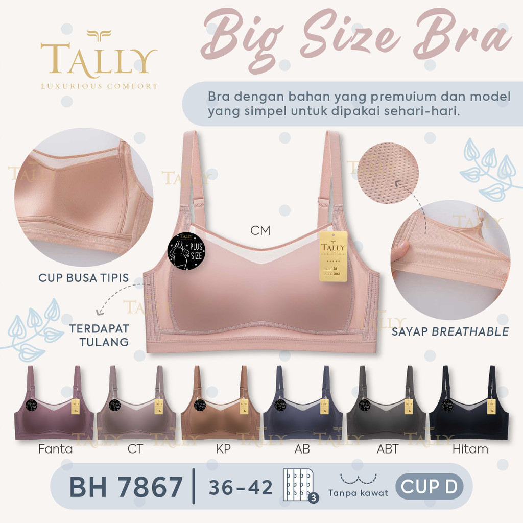 BH Bra Jumbo Tally Bra 7867 Katun Halus Cup D Full Cup Tanpa Kawat