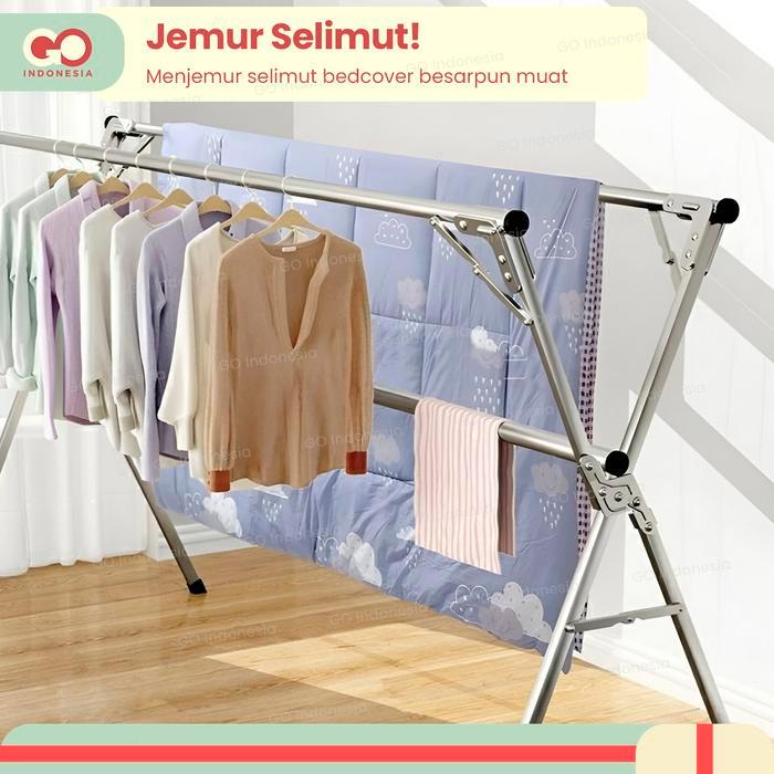 GO - Jemuran Baju Lipat Alumunium Jemuran Pakaian Anti Karat Kuat Tempat Jemuran Baju Portable Gantu