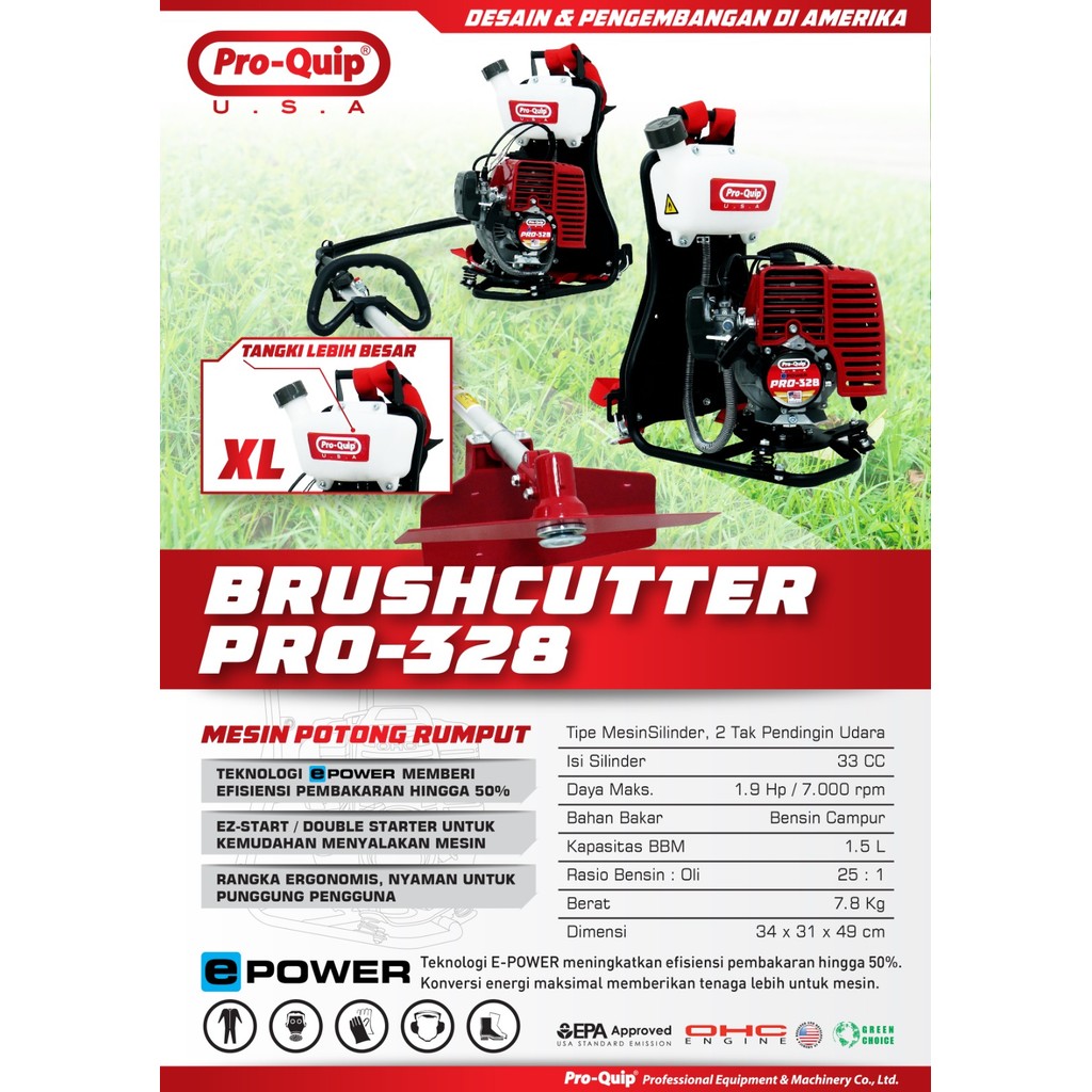 Pro-Quip Mesin Potong Rumput Gendong PRO-328 33cc Gasoline Brushcutter PRO328 Tenaga Besar e-Power &