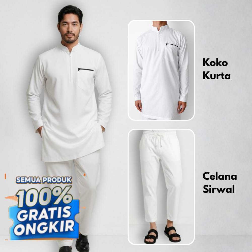Setelan Koko Kurta Pria Celana Sirwal Premium - Baju Koko Pakistan Lengan Panjang Zipper - Setelan M