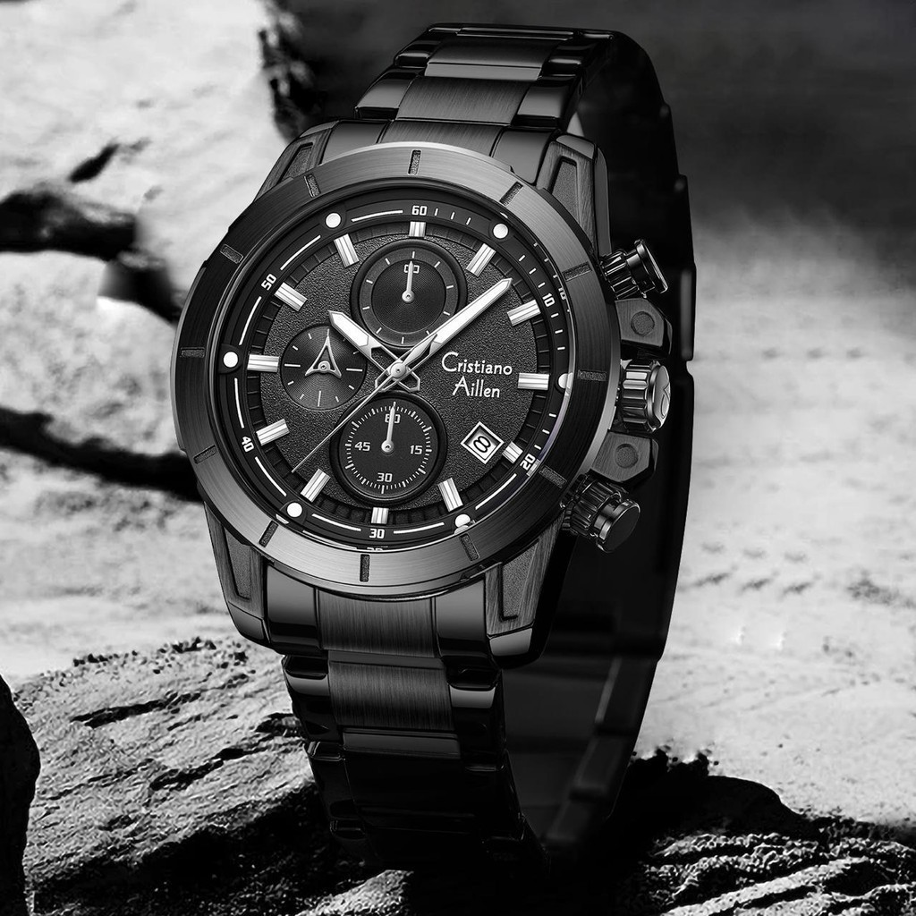 Cristiano Aillen Jam Tangan Pria Analog 8893 Rantai Stainless Steel Chronograph Kaca Sapphire Water 