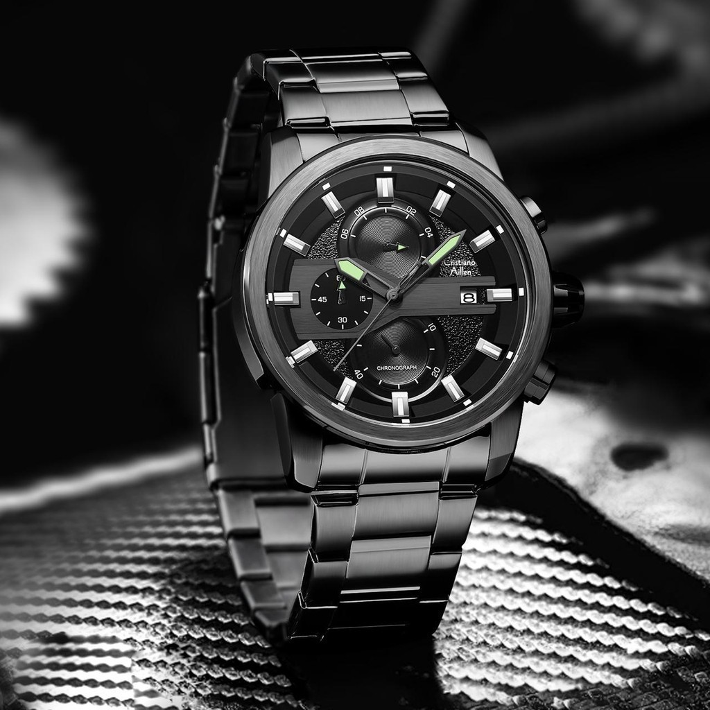 Cristiano Aillen Jam Tangan Pria Analog 8889 Rantai Stainless Steel Chronograph Kaca Sapphire Water 
