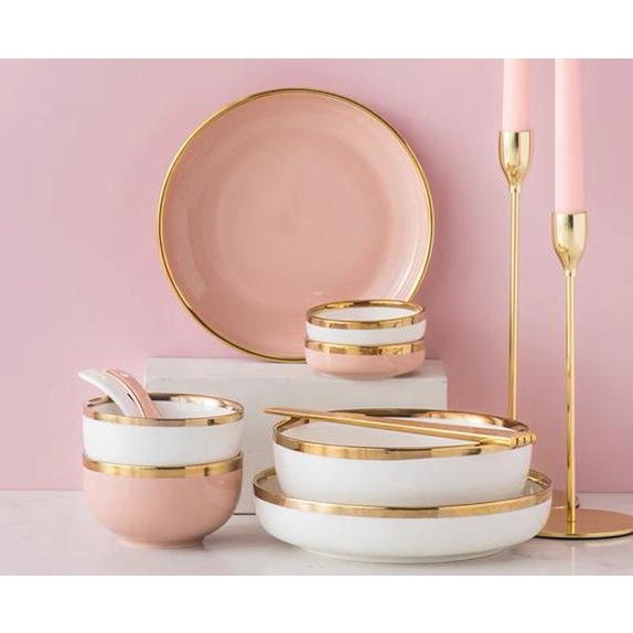 11 Pcs Set Piring Mangkok Giftset Warna Pink Mint