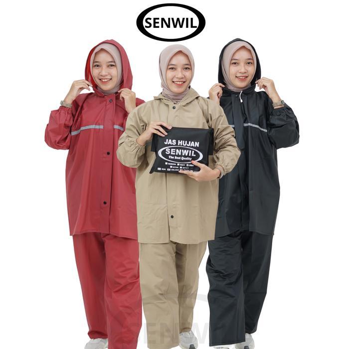 Setelan Jas Hujan Jaket Celana Merk SENWIL Bahan PVC Tebal Anti Rembes Tidak Mudah Sobek - Hitam, M 