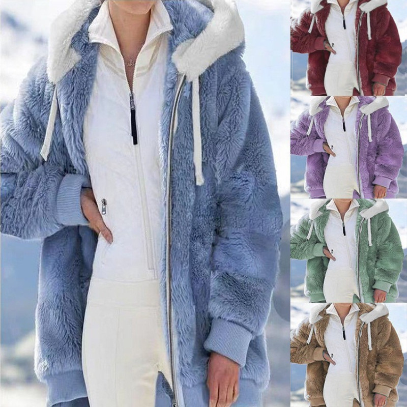 Hoodie Wanita Hangat Bulu Lembut Jaket Musim Dingin dengan Resleting dan Saku Fungsional