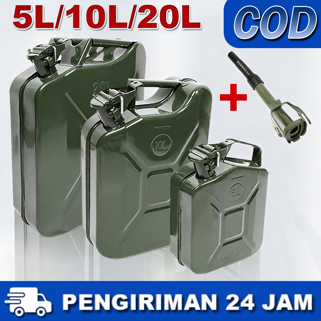 Jerigen Besi Bensin Solar 5L 10L 20L Carbon Steel dengan Selang