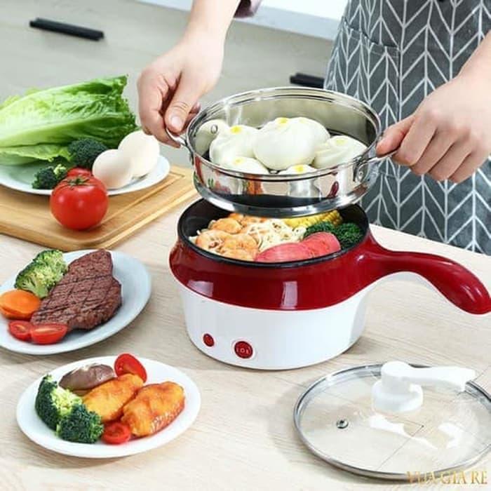 PANCI ELEKTRIK MULTIFUNGSI WITH STEAMER FRY PAN PANCI LISTRIK LAPIS KERAMIK SHENAR Kabel Biru - STEA