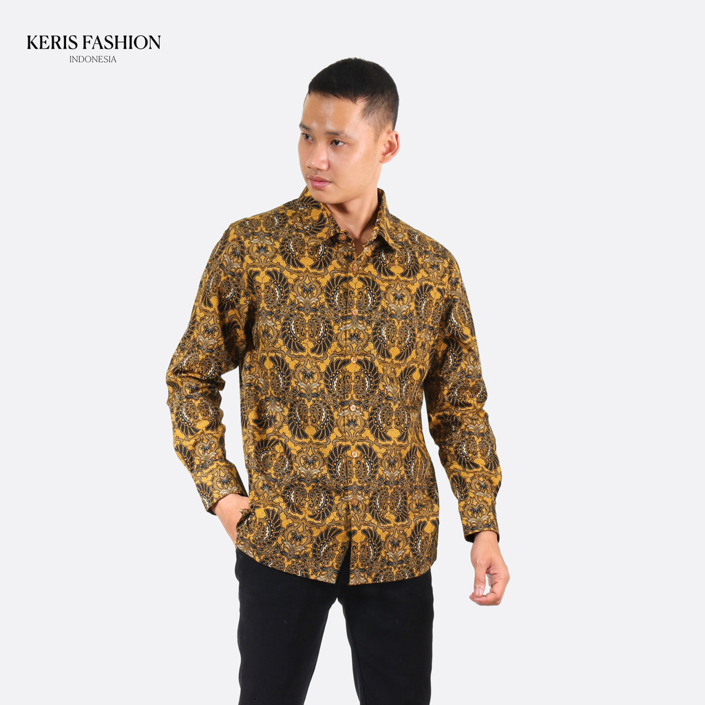 Keris Gallery Kemeja Batik Slimfit Lengan Panjang Motif Merak Kembar - Hitam Kuning