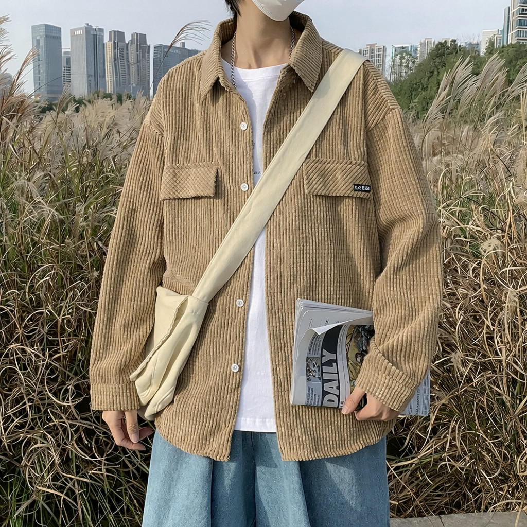 Outer Shirt Waffle Corduroy Long Sleeve Thick Material Workwear Casual Unisex in Brown Color / Kemej