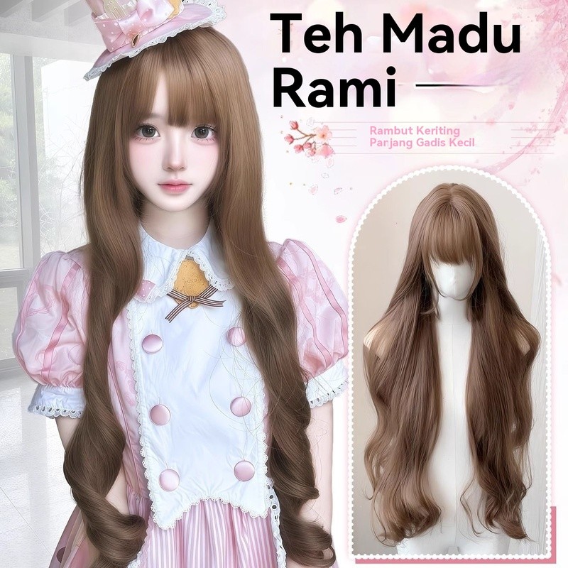 Wig wanita, rambut panjang, kepala penuh, putih, rambut keriting panjang, rambut ekor kuda ganda.