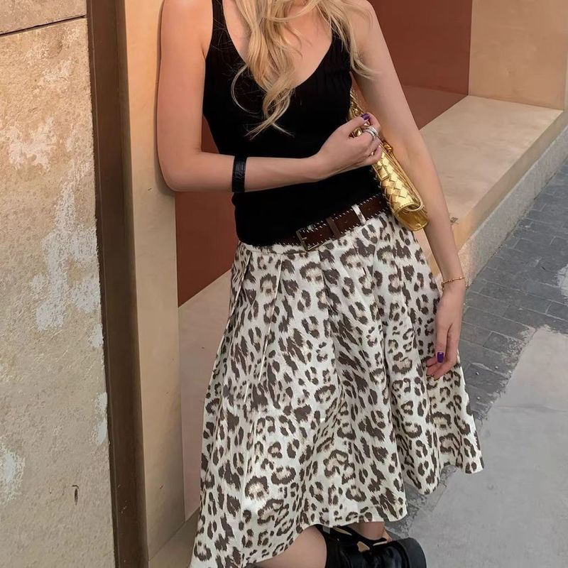 ChubChic COD Rok Leopard Wanita Rok Midi High Waist A Line Pleated Vintage Y2K Korean Style Rok Moti