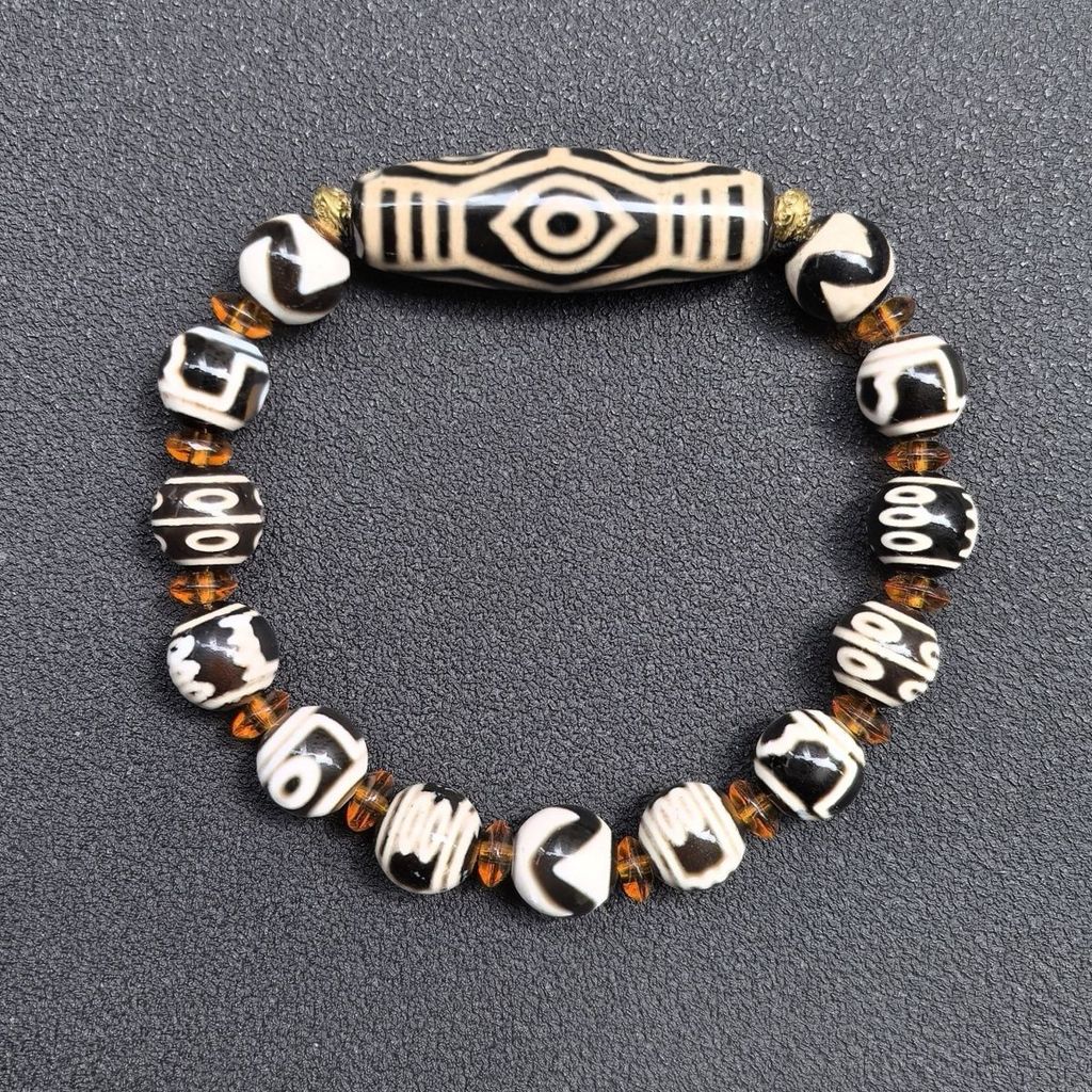 Xizang gelang manik-manik dzi hitam dan putih, manik-manik bulat gigi harimau, perhiasan permainan b