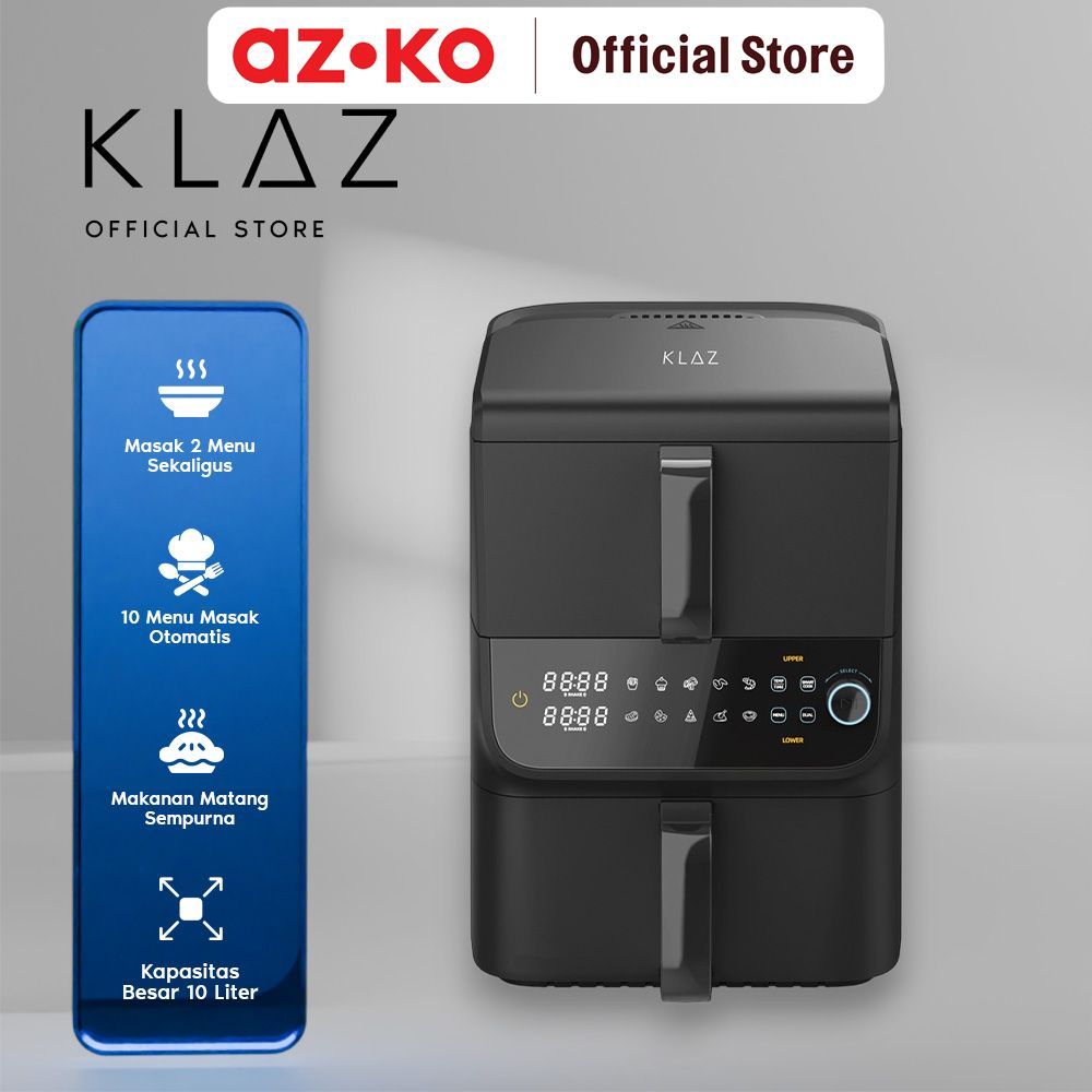 AZKO Klaz 10 ltr Aero Air Fryer Dual Zone 1250 Watt - Hitam Alat Masak Goreng Pembuat Makanan Penggo
