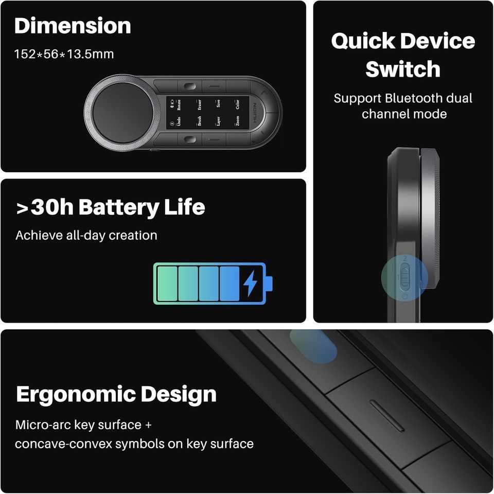 Huion Keydial Remote Dual-channel Bluetooth Wireless Keyboard with Dual-dial Controller Support PC W