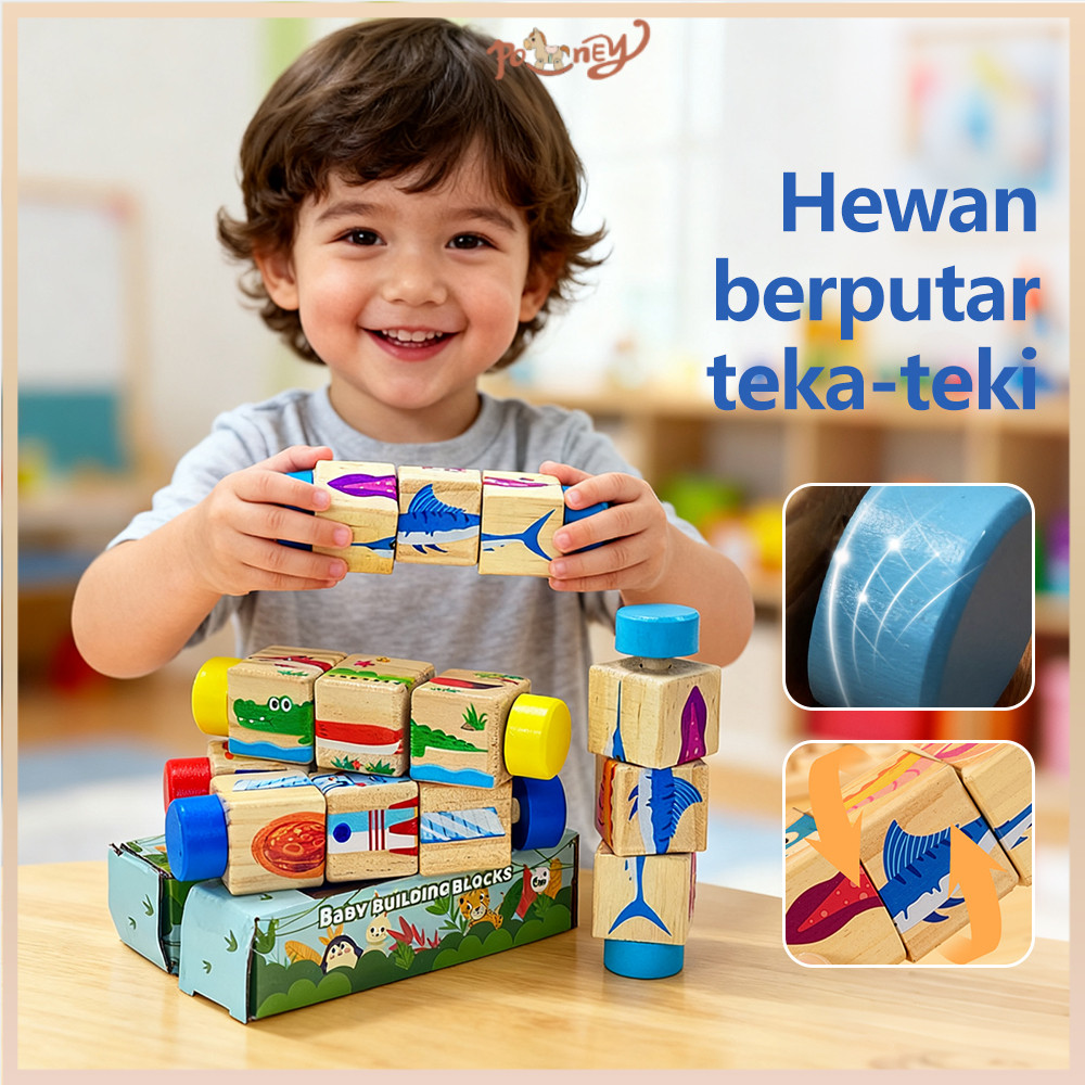 Poney Blok Puzzle Berputar Wooden Rotating Puzzle Meningkatkan Kognitif Spin Blocks Puzzle 3D