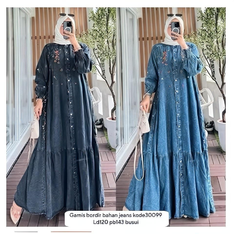 COD~Shefty Gamis Jumbo Baju Gamis Jeans Bordir Wanita Jumbo Terbaru/Gamis Bordir Dress Denim Jumbo W