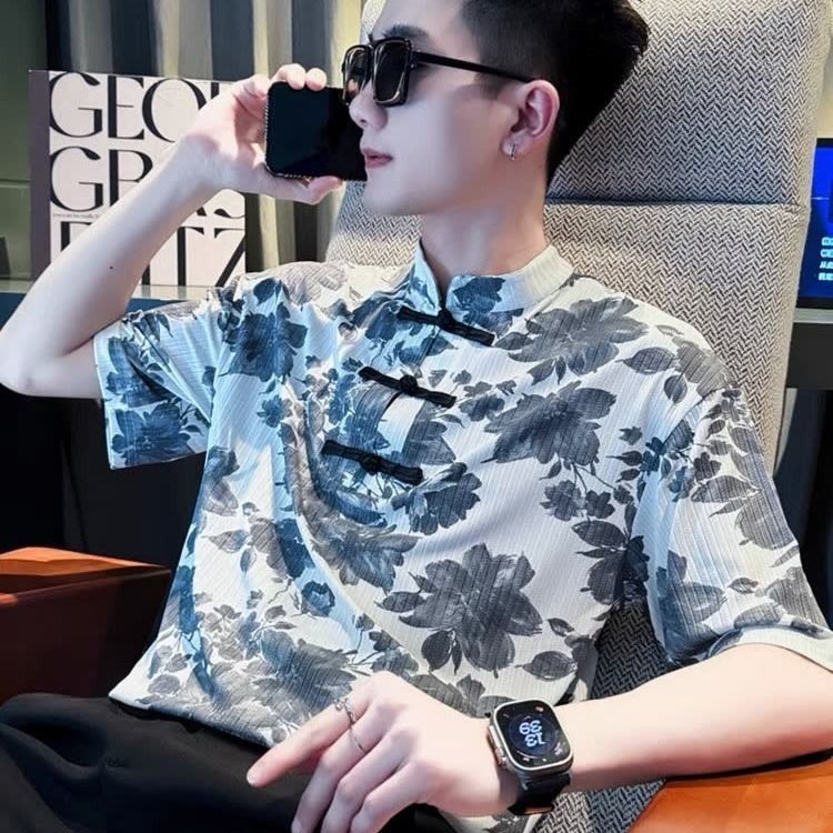 Atasan Hanfu Pria Lengan Pendek Sutra Tipis