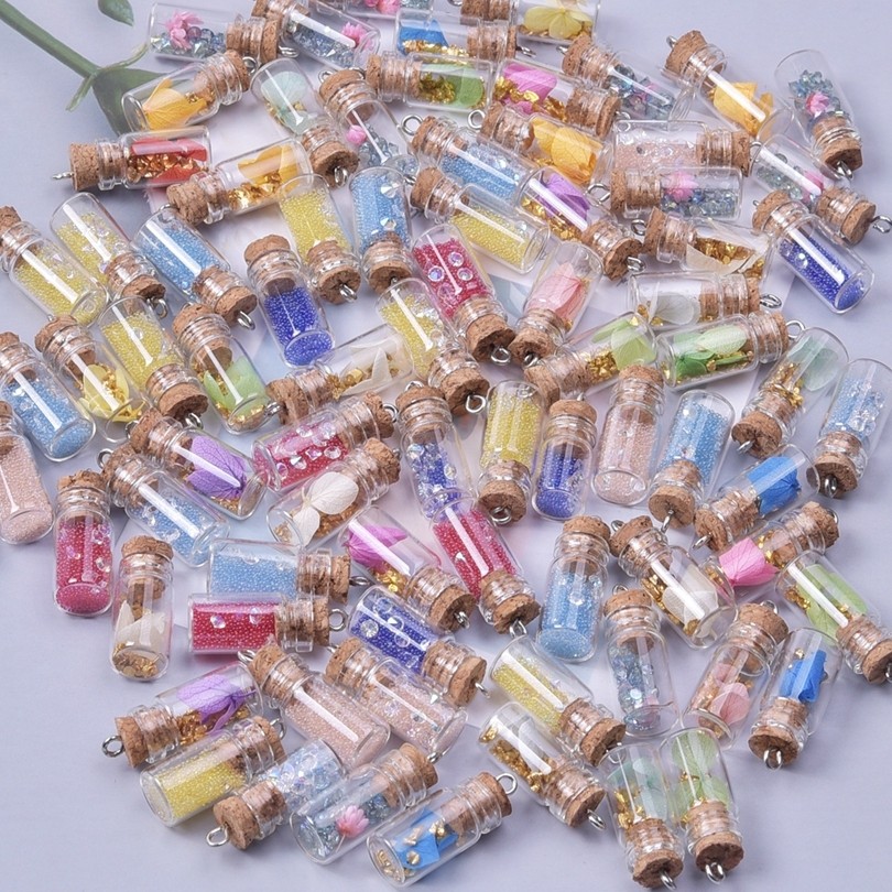 10/20/30/40pcs/Lot Small Pearl Bling Sequin Glass Bottle Charms Message Wish Bottle Pendant Mini Cle