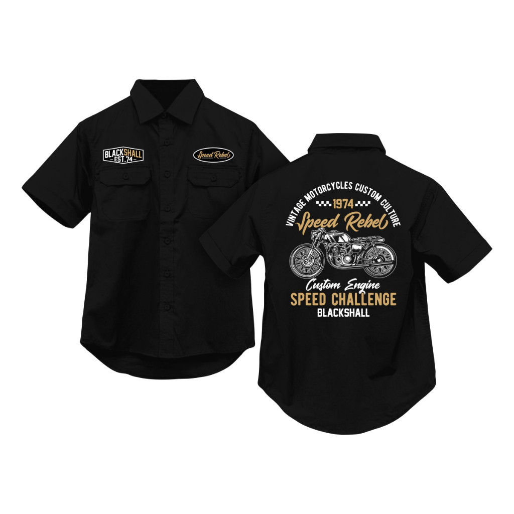 HERBERTSHOP Blackshall - Baju Shirt Kemeja Pria Workshirt Lengan Pendek Warna Hitam Premium Bahan Ad