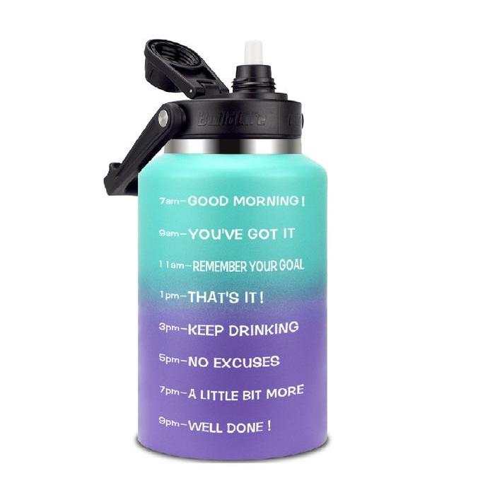 QUIFIT - [2LBLN] Botol Minum Stainless Steel Motivasi dengan sedotan - 2LBLN GreenPurp