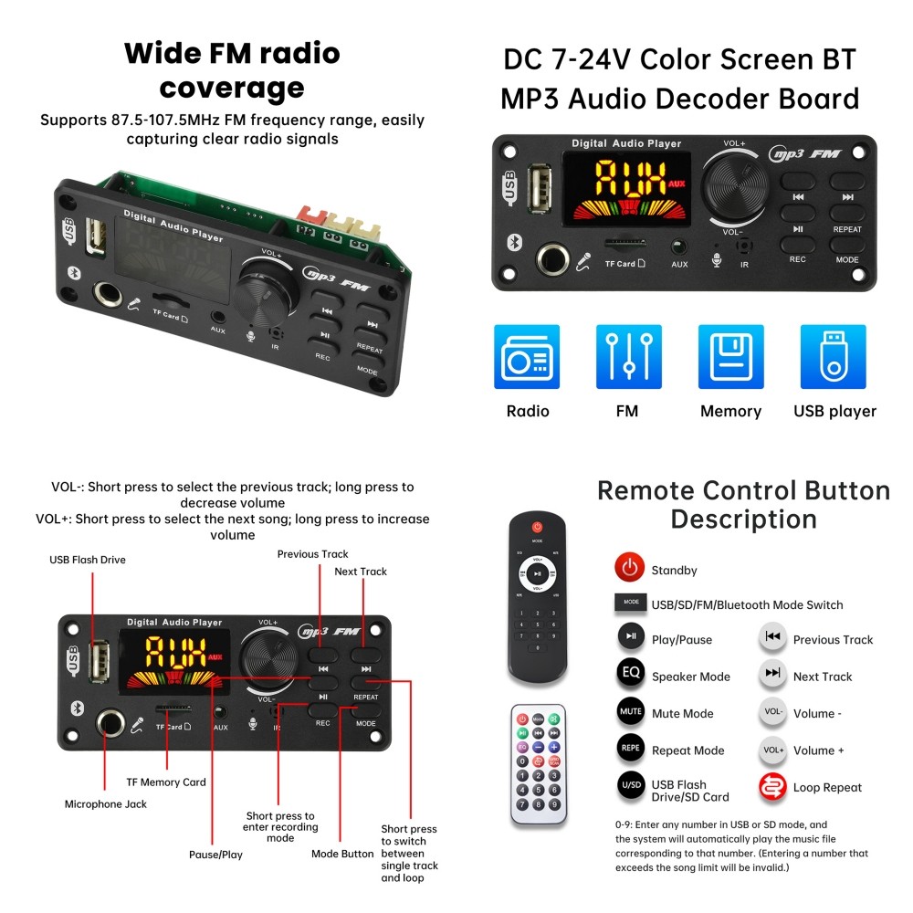 Bluetooth MP3 Auo Decoder Board Decong Module 2*50W Amplifier DC 724V Wireless Car USB MP3 Player TF