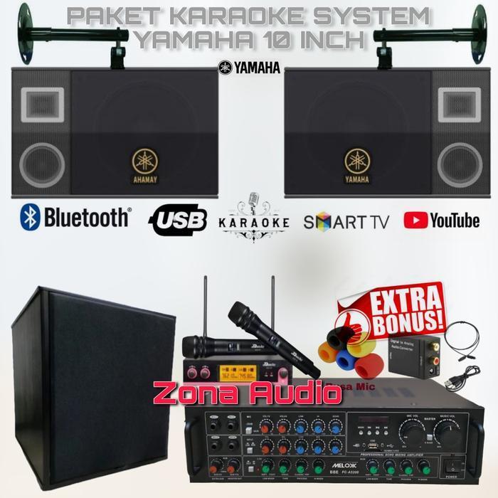 PAKET SOUND KARAOKE SPEAKER YAMAHA 10 INCH + SUBWOOFER AKTIF 12 INCH AMPLFIERI USB BLUETOOTH MIC WIR