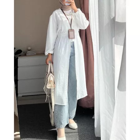 Ayrin Outer Tunik Cardigan Wanita Polos Panjang Termurah Casual Kekinian Elegan Mewah Crinkle Adem L