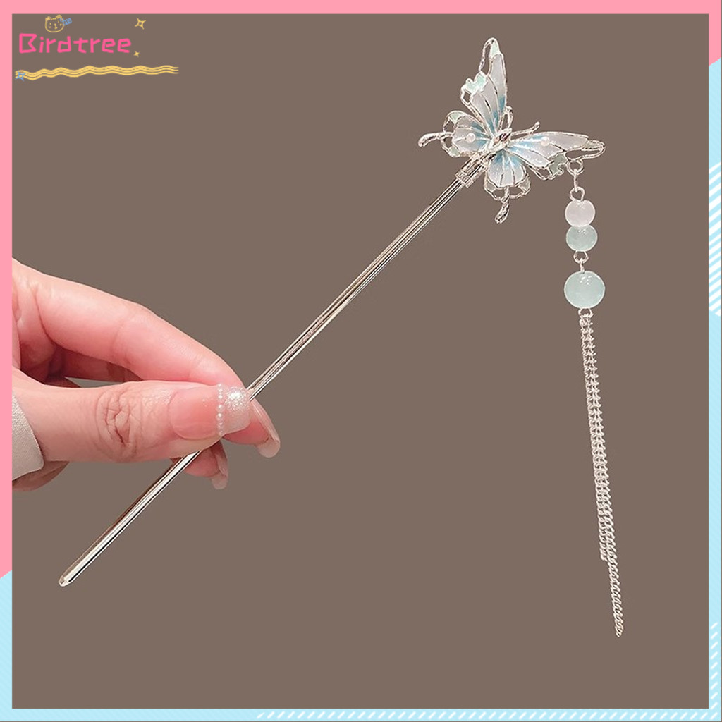 COD Jepit Rambut Rumbai Kupu-kupu Hanfu Wanita Model Sederhana Modern dengan Biru Dua Lapis