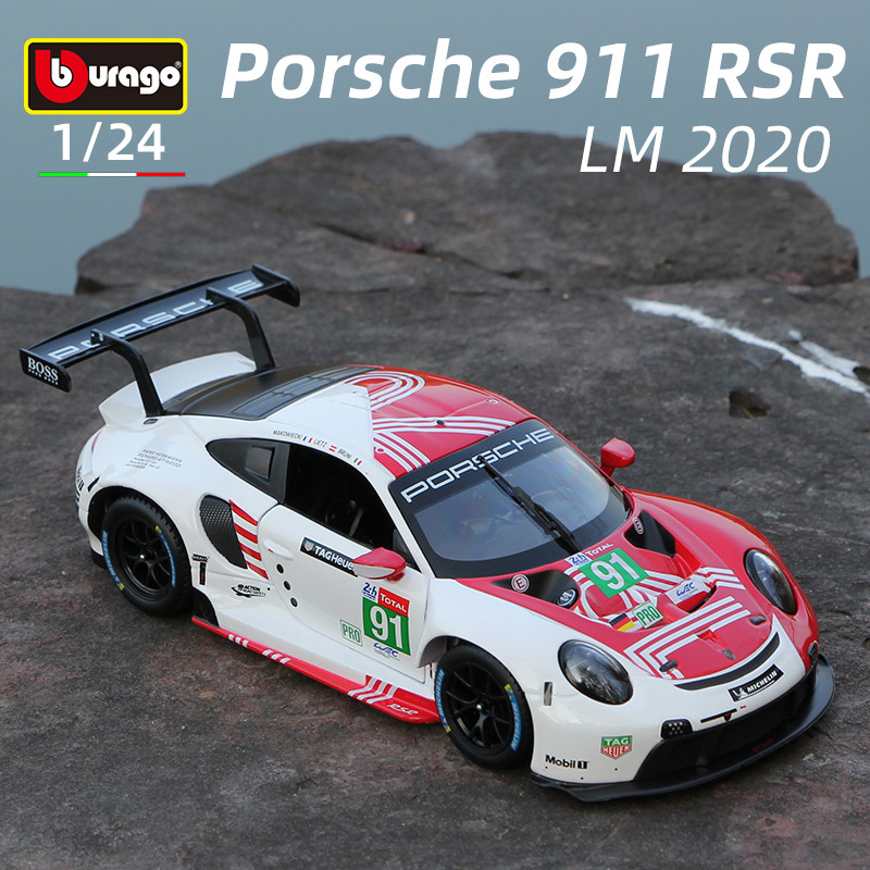 Bburago 1:24 Porsche 911 RSR White Alloy Car Model Sports Die Cast Vehicles Toys Diecast Voiture Gif