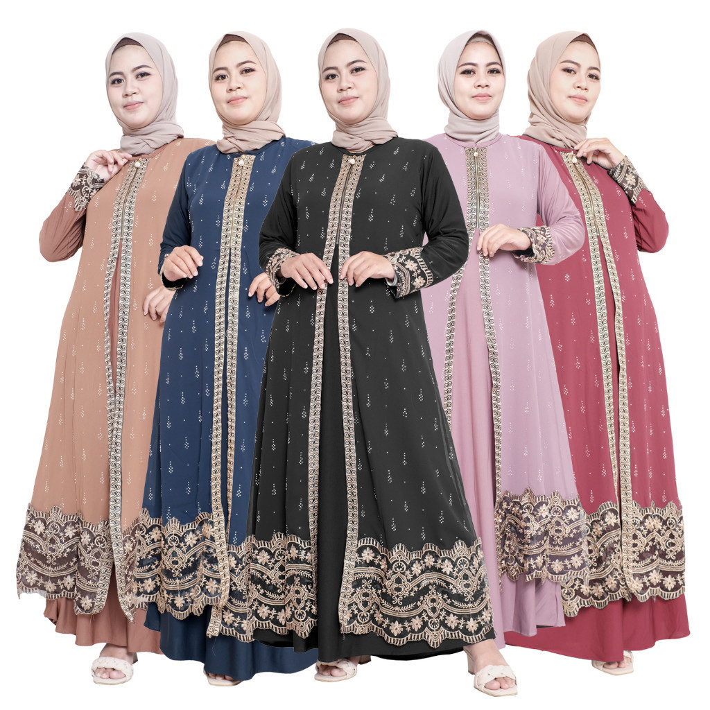 Gamis Abaya Turki Mewah Aksen Bordir Elegan Dress Wanita Muslimah Tersedia Warna Hitam Navy Mocca Pi