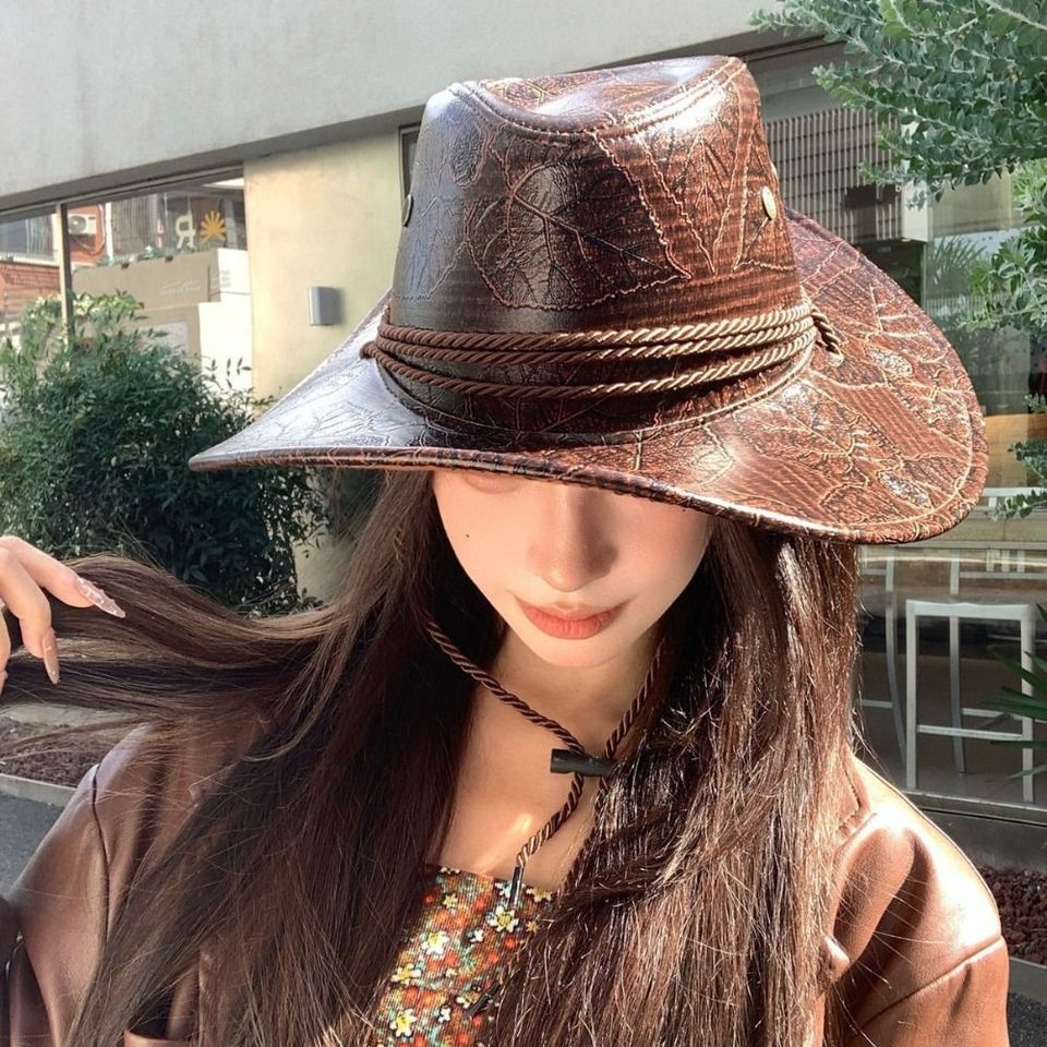 Cool Ethnic Style Western Cowboy Hat Wide Brim Polyester Cowgirl Jazz Hat Black/brown Roll Brim Viso
