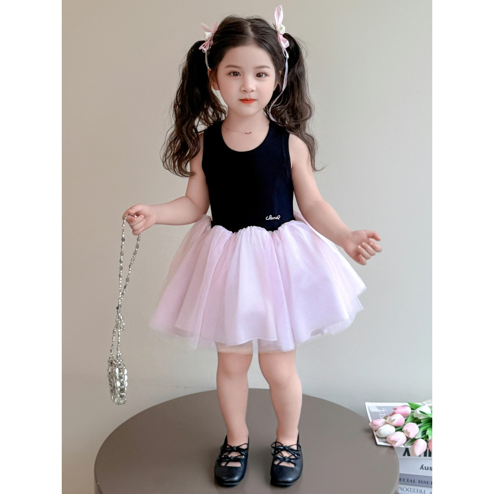 Mentari Kecil Gaun tanpa lengan gaya Korea untuk bayi, gaun putri balet anak-anak