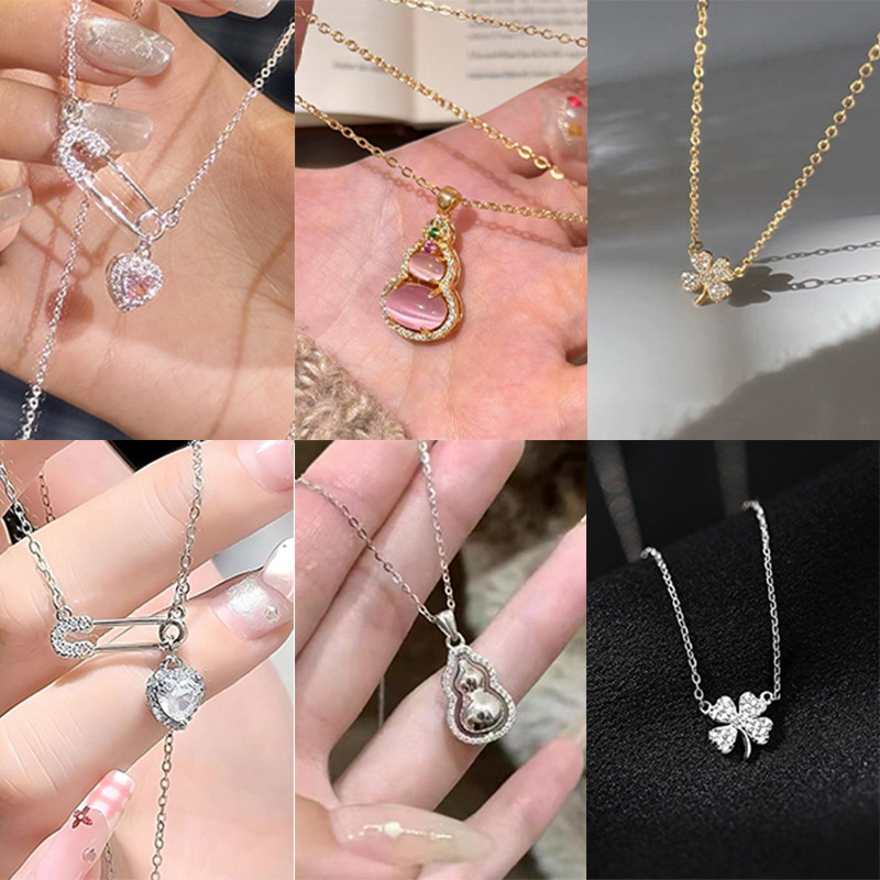 Kalung Multi Model: Liontin Pin Hati Berlian, Kalung Batu Giok Labu, Kalung Daun Semanggi