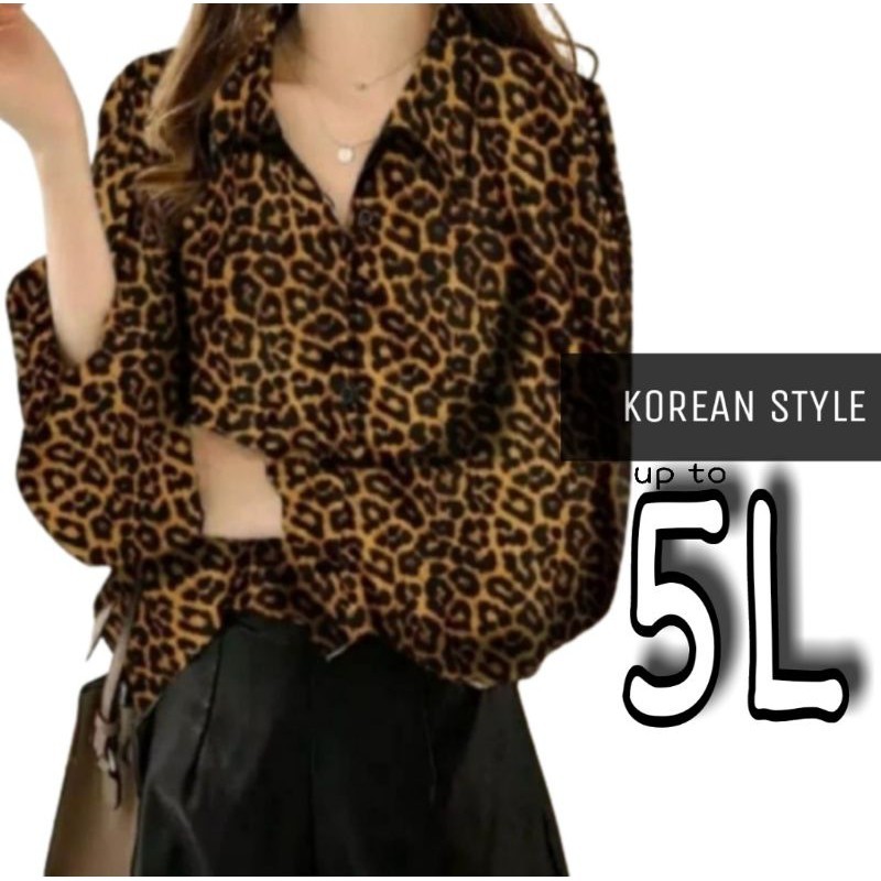 Kemeja Leopard Wanita Oversize Jumbo Lengan Panjang