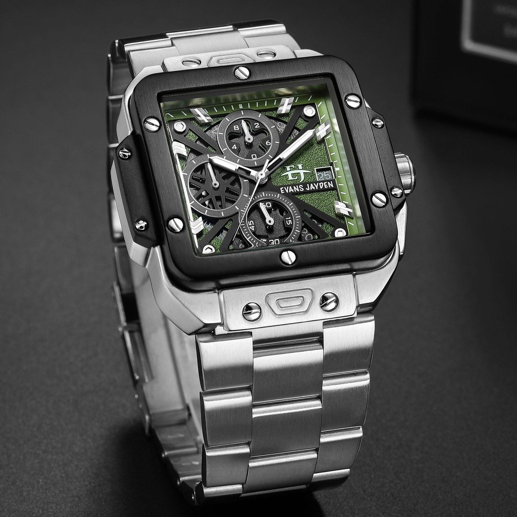 Jam Tangan Evans Jayden Jam Tangan Pria 9561 Rantai Stainless Steel Chronograph Kaca Sapphire Water 