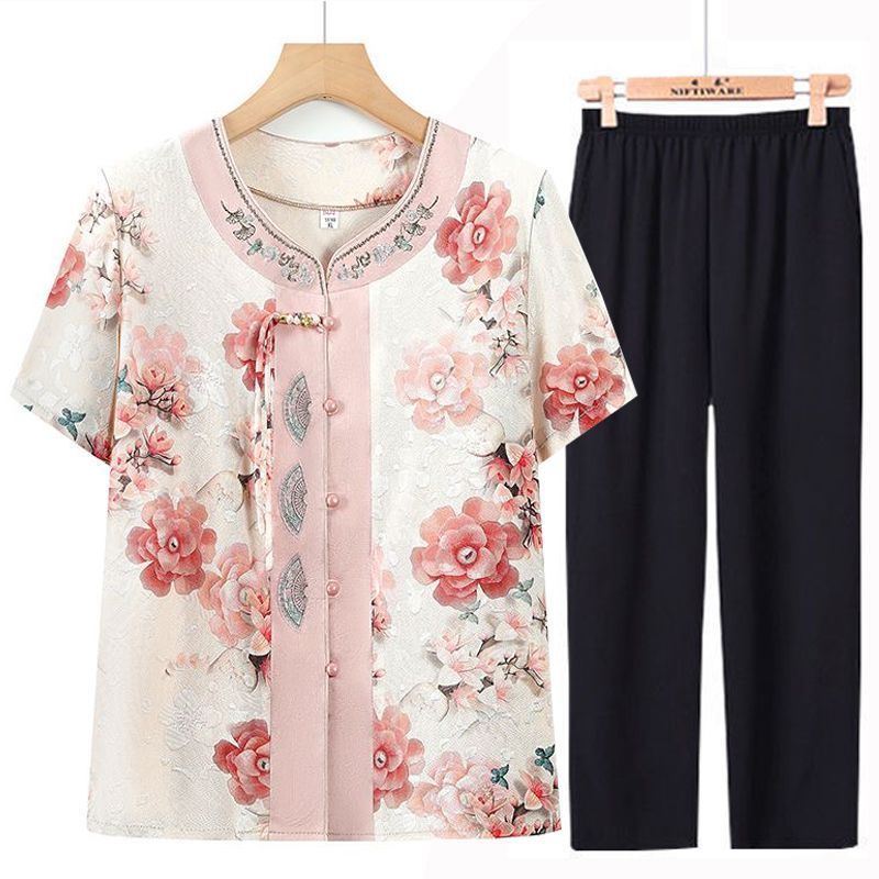 Setelan Baju Nenek Musim Panas Lengan Pendek Gaya Tionghoa, Ukuran Besar & Nyaman
