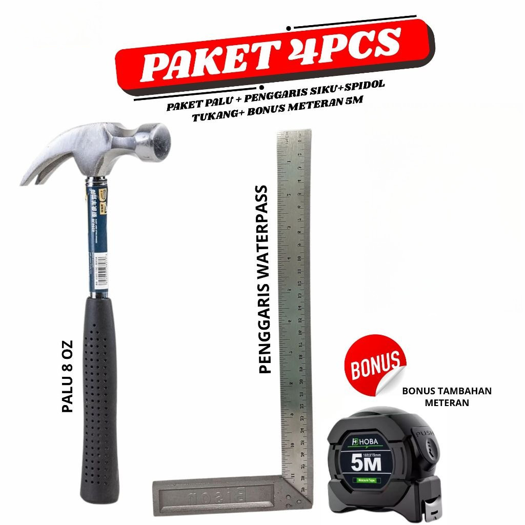 PAKET 4 ITEM Penggaris Tukang Siku Mistar Multifungsi ada Waterpass + penggaris Siku Segitiga 7 Inch