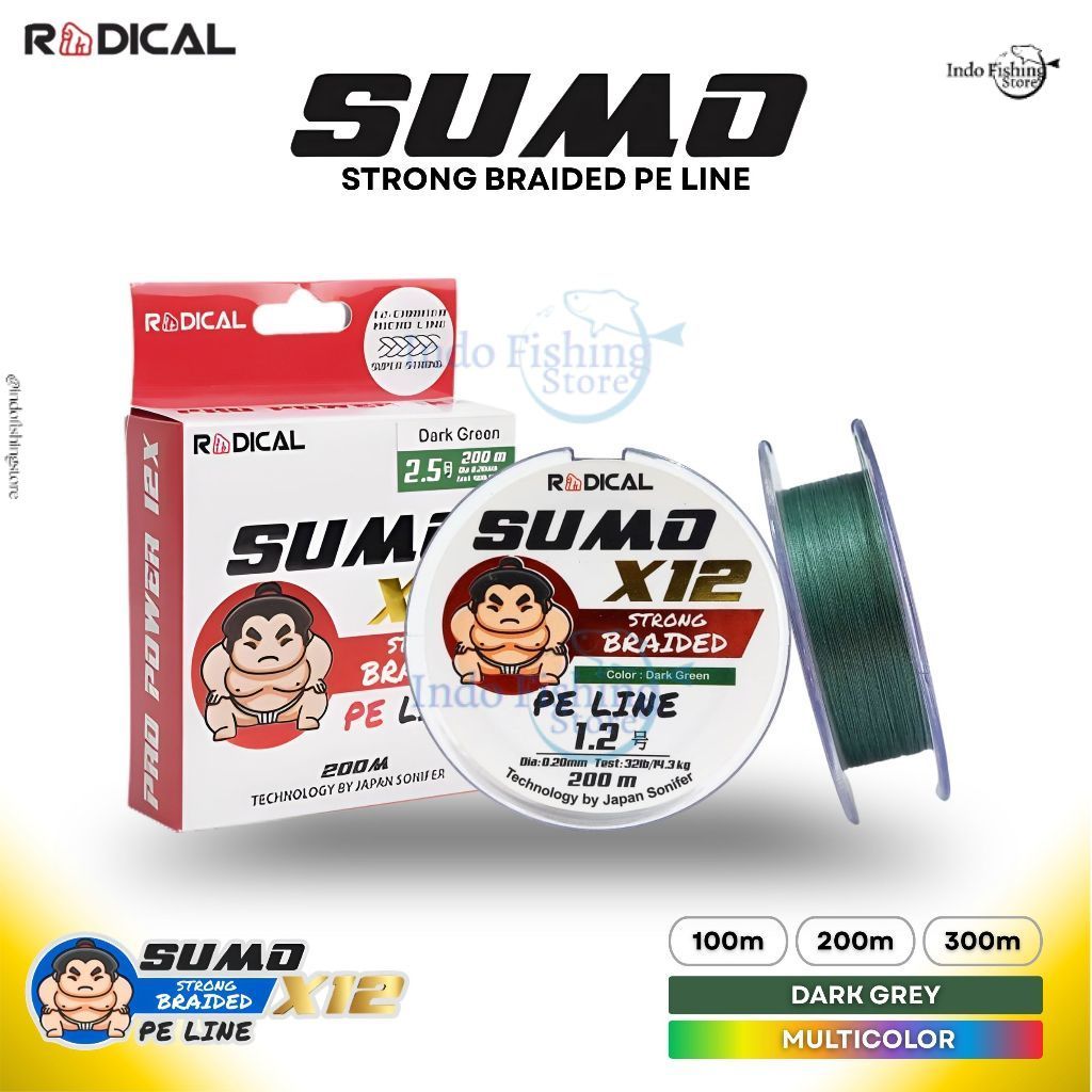[ X12 ] Senar Pancing RADICAL PE Sumo 100 200 300 meter Multicolor Dark Green Mancing Casting Laut